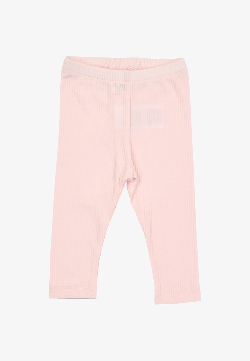 Světle růžové bavlněné legíny s ribbovanou texturou, elastickým pasem a přiléhavým střihem, vhodné pro každodenní nošení.