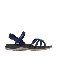 Navy blue sport sandals with multiple straps and adjustable back strap. Thick rubber sole with a textured finish. Lightweight design.