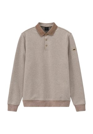 Polo-Sweatshirt aus hellbeigem, strukturiertem Stoff mit braunem Kragen, dreifachem Knopfleiste und kleinem Logopatch am Ärmel.
