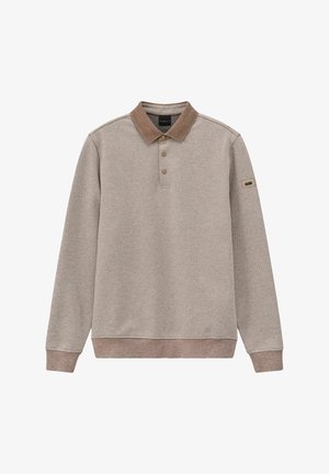 Polo-Sweatshirt aus hellbeigem, strukturiertem Stoff mit braunem Kragen, dreifachem Knopfleiste und kleinem Logopatch am Ärmel.
