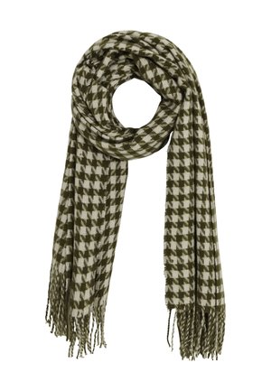 Écharpe à motif pied-de-poule marron et blanc avec des extrémités frangées, enroulée lâchement avec de longues extrémités tombantes.