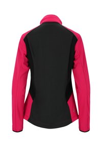 Fitted jacket featuring a pink front and black back, with a stand collar and long sleeves. Includes contrasting stitching along seams.