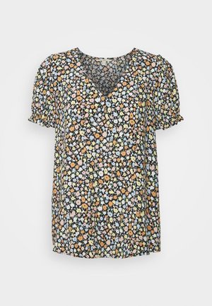 Blouse courte à manches courtes à motif floral, fond noir avec de petites fleurs roses, bleues et orange, col en V et manches bouffantes texturées.