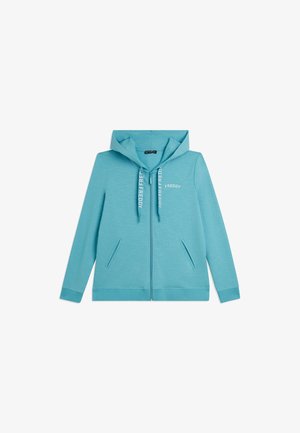 Felpa con cappuccio azzurro chiaro con zip integrale, tasche frontali, coulisse stampate con "FREDDY" e piccolo logo "FREDDY" sul petto.