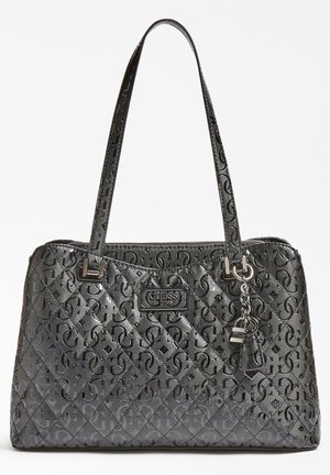 Black quilted handbag with embossed logo pattern, shiny synthetic material, double straps, and a decorative charm attached.