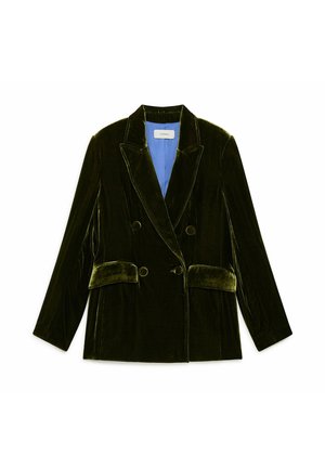 Double-breasted blazer in dark green velvet. Features a notched collar, two front pockets, and a contrasting blue inner lining.