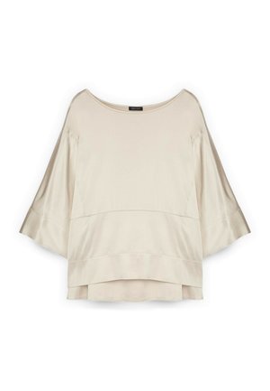 Cremefarbene Satinbluse mit weiten Dreiviertelärmeln, U-Boot-Ausschnitt und mehrlagigem Saum.