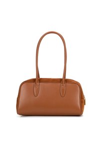 Borsa marrone con texture in pelle liscia e suede, forma arrotondata, due manici e chiusura con zip su un lato.