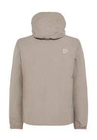 Beige Kapuzenjacke mit elastischen Bündchen, einer Kordelzugkapuze und einem kleinen weißen Logo auf dem oberen Rücken. Glatte, leichte Stofftextur.