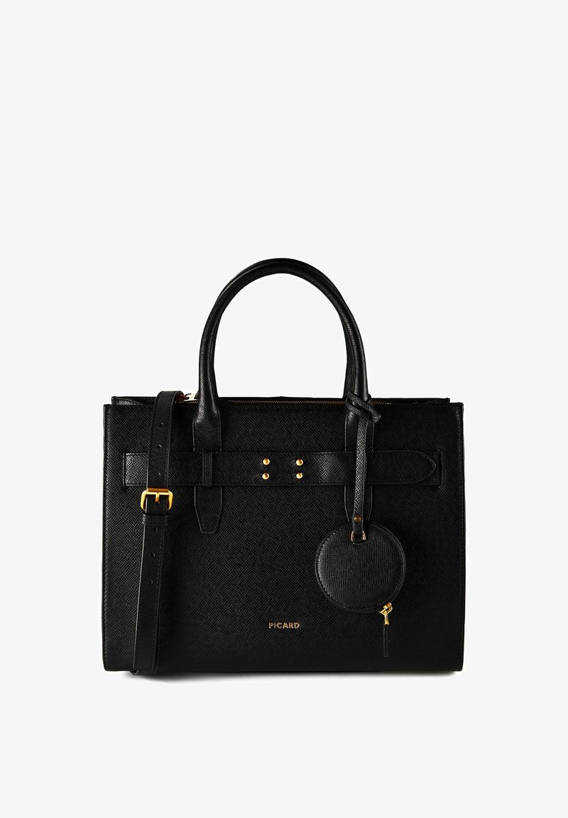 Schwarze Ledertasche mit strukturierter Oberfläche, zwei Griffen, verstellbarem Schulterriemen, rundem Seitentaschenbeutel, goldfarbenen Beschlägen und "PICARD"-Logo auf der Vorderseite.