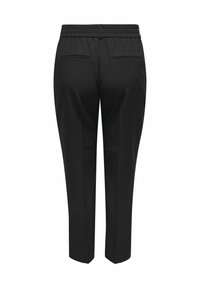 Melnas bikses ar sašaurinātu kāju dizainu, elastīgu jostasvietu un divām aizmugurējām kabatām. Gluda tekstūra, nav redzamu rakstu vai aparatūras.