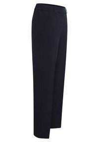 Pantalon bleu marine à jambe droite, fabriqué dans un tissu lisse. Doté d'une taille élastique et de poches latérales.