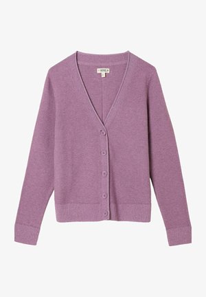 Lila Strickjacke mit V-Ausschnitt, Knopfleiste vorne sowie gerippten Bündchen und Saum. Verfügt über sechs passende Knöpfe auf der Leiste.