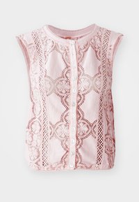 Top sans manches rose clair avec des détails en dentelle, col rond et une patte de boutonnage avec cinq boutons sur le devant.