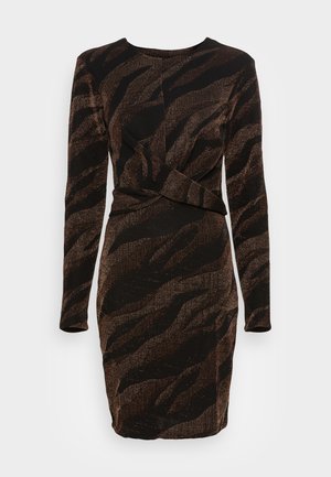 Long-sleeve, knee-length dress with black and shimmering brown tiger-stripe pattern and twisted waist detail, fitted silhouette.