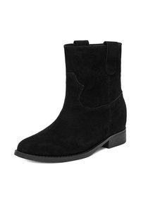 Botine negre din suede, cu vârf rotund, tocul mic și detalii cusute. Prezintă mânere pentru a fi ușor de purtat și o textură netedă.