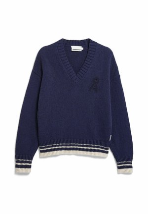 Marineblauer Strickpullover mit V-Ausschnitt, verziert mit einem gestickten Buchstaben "A" und weißen Streifen an Bündchen und Saum.