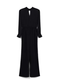 Tuta nera con maniche lunghe, schiena a oblò, corpetto plissettato e design a gamba larga. Realizzata in un tessuto liscio e fluente.