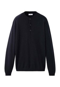 Maglione blu navy a maniche lunghe con collo rotondo, caratterizzato da un'apertura a bottoni e polsini e orlo a costine, realizzato in un morbido tessuto testurizzato.