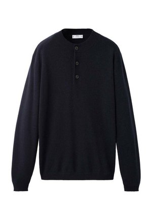 Suéter de manga larga azul marino con cuello redondo, que cuenta con una lista de botones y puños y dobladillo acanalados, hecho de una tela suave y texturizada.