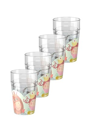 Set of five transparent plastic cups featuring colorful cartoon designs of a girl with a cupcake and a horse, adorned with hearts and stars.