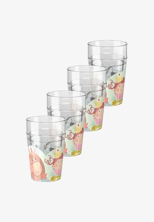 Set of five transparent plastic cups featuring colorful cartoon designs of a girl with a cupcake and a horse, adorned with hearts and stars.