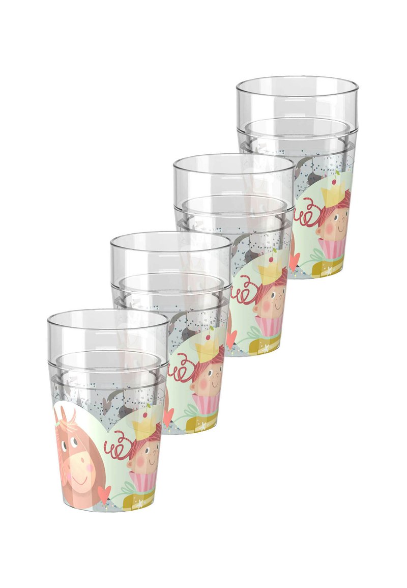 Set aus fünf transparenten Kunststoffbechern mit bunten Cartoon-Motiven eines Mädchens mit einem Cupcake und einem Pferd, verziert mit Herzen und Sternen.
