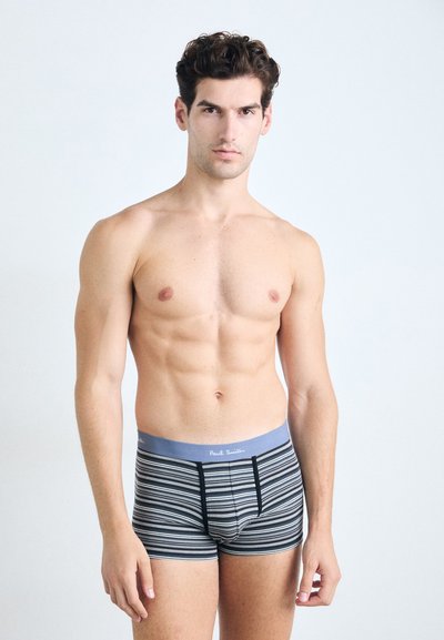 Sous-vêtements pour hommes à rayures avec une ceinture bleue, présentant un design ajusté et un matériau en coton doux. Les couleurs incluent le gris, le noir et le blanc.