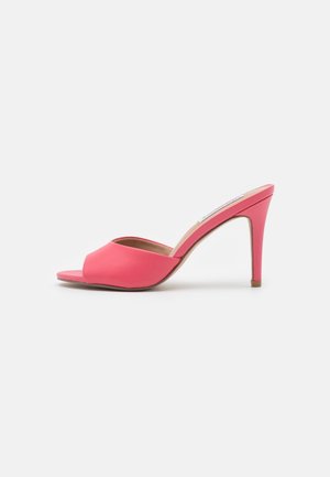 Pink high heel sandal featuring a smooth synthetic upper, open toe design, and a slender stiletto heel.