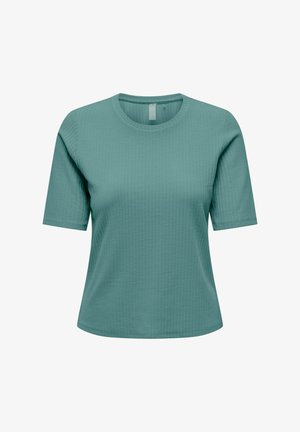 Plain teal short-sleeve crew neck T-shirt with a subtle textured pattern, displayed on a white background.