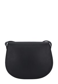 Sort læder skuldertaske med en buet form, enkelt skulderrem og minimale syninger. Glat overflade uden synligt hardware.