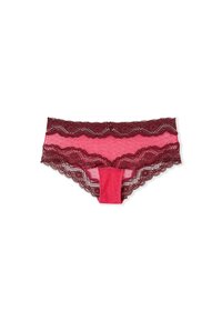 Lace Hipster-Panty mit wechselnden burgunderfarbenen und rosafarbenen Tönen, mit gewellten Kanten und einem strukturierten Muster.