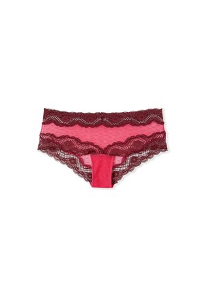 Lace Hipster-Panty mit wechselnden burgunderfarbenen und rosafarbenen Tönen, mit gewellten Kanten und einem strukturierten Muster.