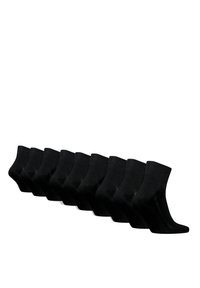 Schwarze Baumwoll-Crew-Socken in einer Reihe angeordnet, mit gerippten Bündchen und glatter Textur für Komfort. Set umfasst zehn Paar.