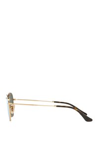 Gafas de sol de metal con montura dorada, lentes verdes y brazos con detalles de carey. Forma rectangular slim; diseño minimalista.