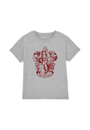 Light gray short-sleeve t-shirt with a red Gryffindor crest featuring a lion and decorative elements on the front.