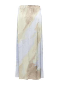 Maxi rok in lichtblauw met beige en roomkleurige abstracte patronen, gemaakt van zachte stof. Heeft een elastische tailleband voor comfort en pasvorm.