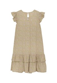 Blommönstrad klänning i mjuk beige med volangärmar och en flerlagrig nederdel. Nyckelhålsdetalj på ryggen. Lättviktsmaterial.