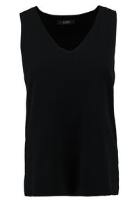 Czarny, bezrękawnik z dekoltem w serek, teksturowaną tkaniną, luźnym krojem, bez dodatkowych zdobień i wzorów.