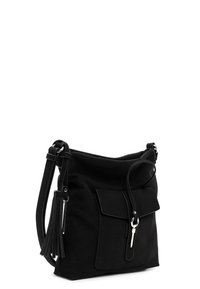 Schwarze Handtasche mit strukturiertem Muster, einer Vorderseite mit Tasche und Quasten-Detail. Mit Schulterriemen und silbernen Hardware-Akzenten.