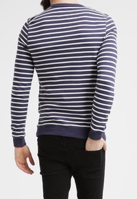Sudadera de rayas azul marino y blanca con mangas largas, escote redondo, puños y dobladillo acanalados. La tela aparenta ser suave y ligeramente elástica.