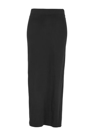 Jupe noire, longueur genoux, fabriquée en coton doux avec une taille ajustée et une silhouette droite. Pas de motifs ni d'embellissements visibles.