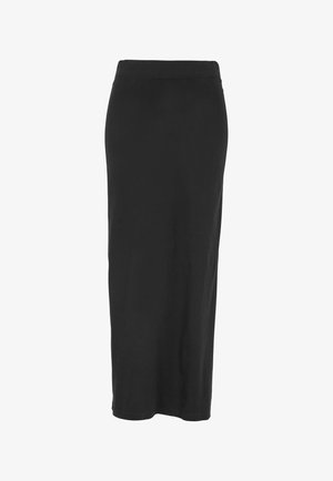 Gonna nera fino al ginocchio realizzata in morbido cotone, con vita aderente e silhouette dritta. Nessun motivo o decorazione visibile.