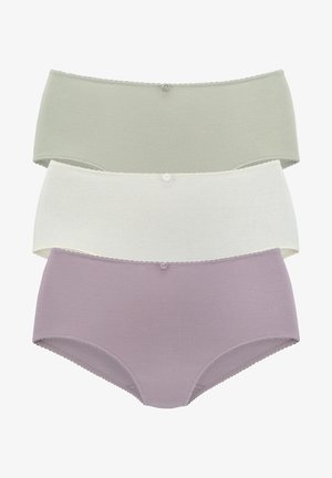 Three pairs of ribbed underwear in soft pastel colors: mint green, white, and lavender. Each features a scalloped waistband and a button detail.