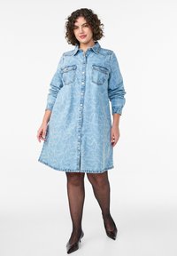 Hele sinine denimpäevikute kleit pikkade varrukatega, nööpidega esiosal, kahe rinnakotiga ja südamemustriga kõikjal. Helesinine kleit laieneb õrnalt all äärest.