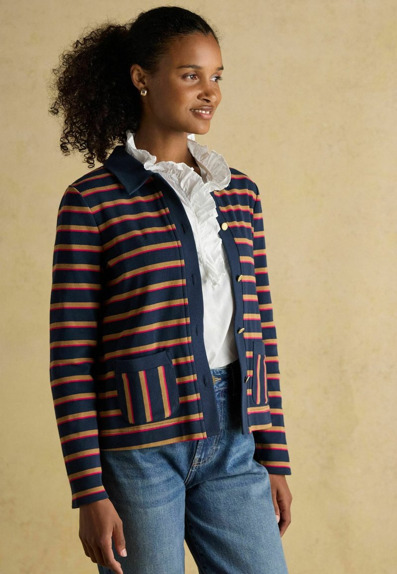 Pruhovaný kardigán s námorníckou, červenou a horčicovou farbou, s gombíkmi na prednej strane, golierom a dvoma prednými vreckami. Nosený cez bielo ruffled košeľu.