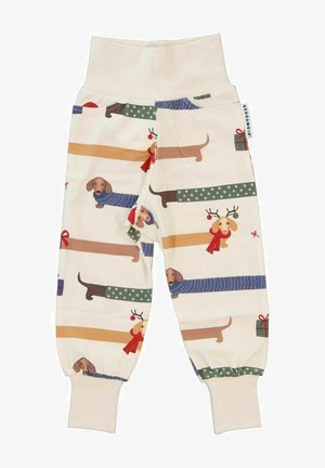 Puuvillaiset taaperohousut joustovyöllä, joissa on vaalea kerma perusväri ja värikkäitä dachshund-kuvituksia sekä juhlavia yksityiskohtia.