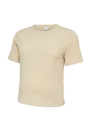 Chemise beige à manches courtes, en tricot texturé avec col rond, présentée sur un fond blanc, mettant en valeur le détail du tissu et la coupe décontractée.