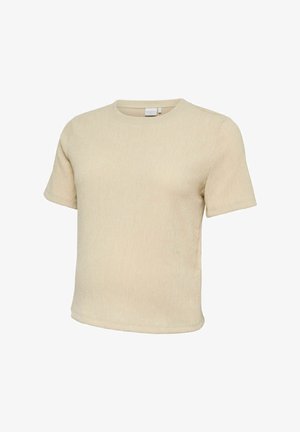 Beige kortærmet tekstureret strikket t-shirt med rund hals, vist på hvid baggrund, der fremhæver stofdetaljer og afslappet pasform.