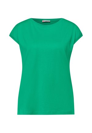 Lysegrøn kortærmet damet-shirt med rund halsudskæring og afslappet pasform, mærket "Street One" inde i kraven.